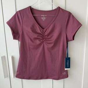 Aeropostale Sport Womens Performance Top V-Neck Ruched Short Sleeve Plum M NEW